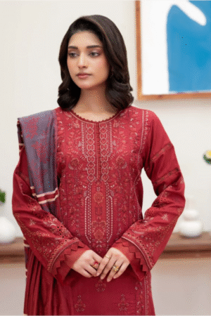 Bareeze Deep Red Heavy Embroidered Linen Winter Suit 3PC