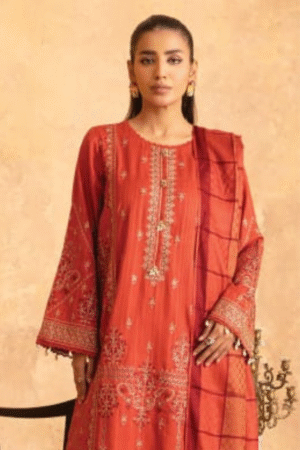 Bareeze Rust Orange Embroidered Linen Winter Suit 3PC