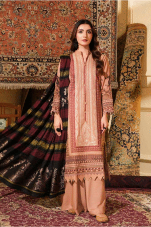 Elegant Peach & Maroon Printed/Jacquard Winter Suit 3PC
