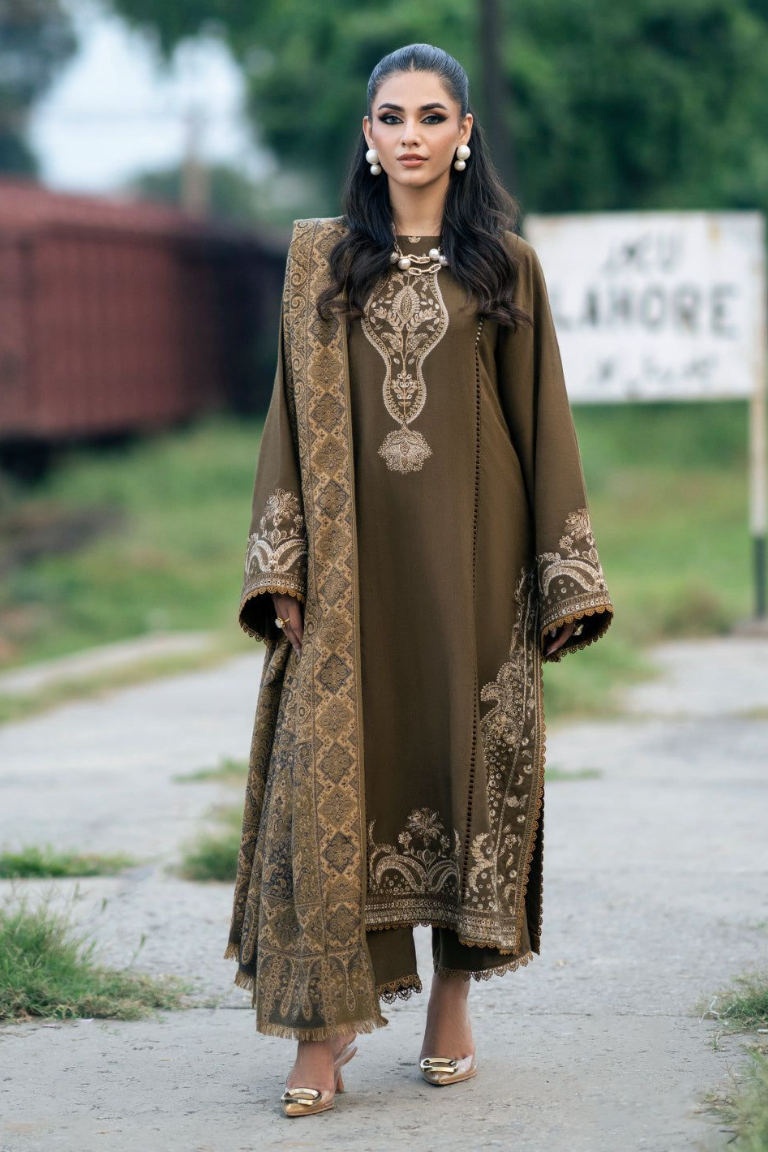 IZEL Olive Green Fully Embroidered Dhanak 3PC