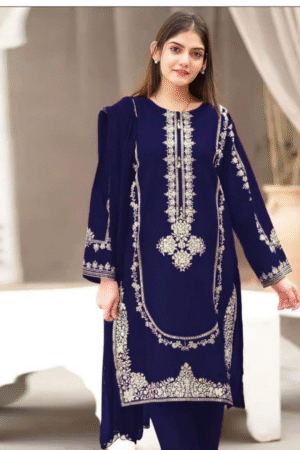 Bareeze Velvet/Plush Navy Heavy Embroidered Winter Suit 3PC