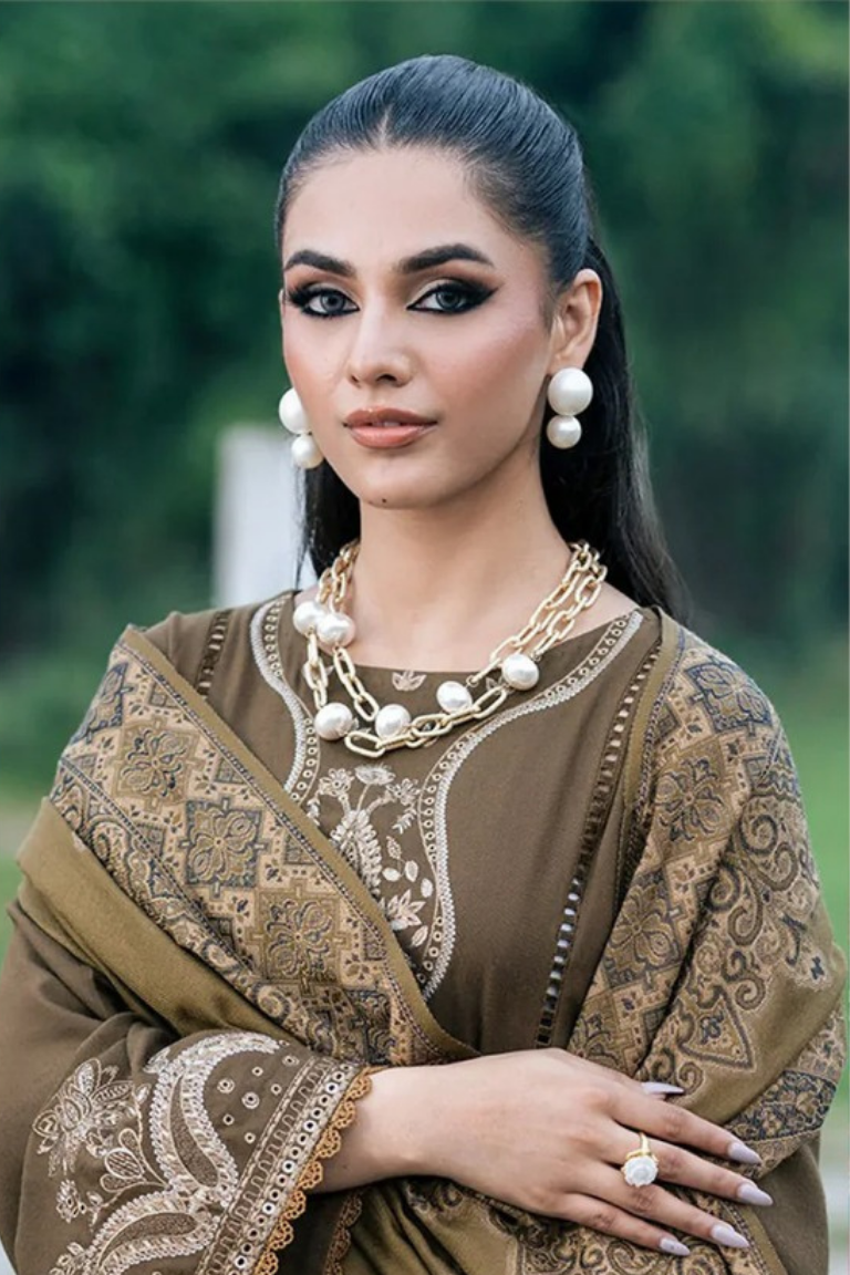 IZEL Olive Green Fully Embroidered Dhanak 3PC - Image 2