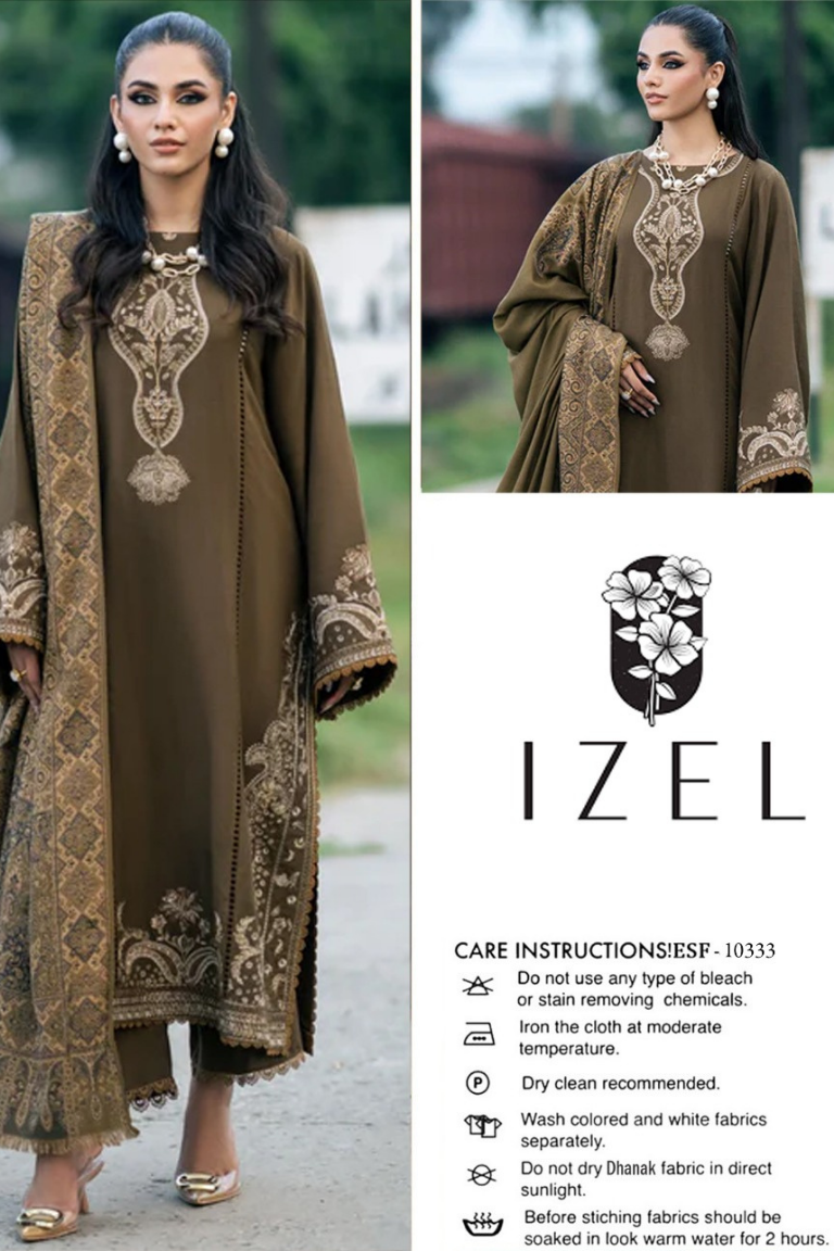 IZEL Olive Green Fully Embroidered Dhanak 3PC - Image 4