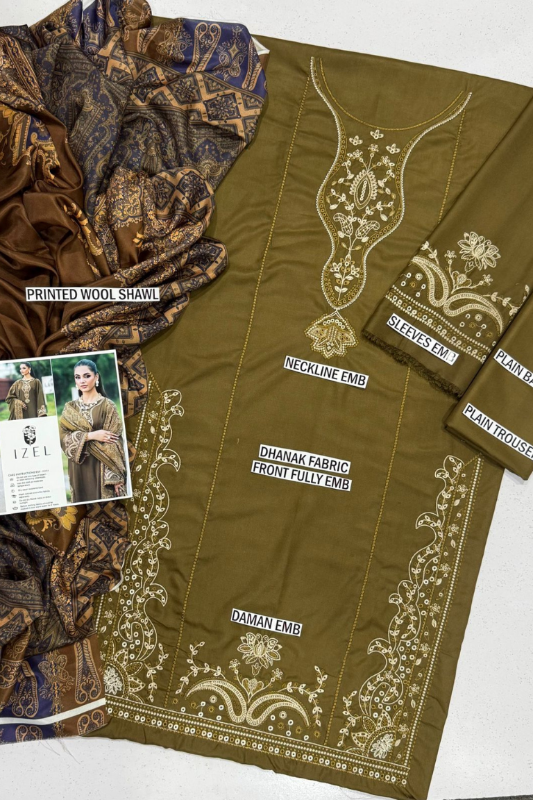 IZEL Olive Green Fully Embroidered Dhanak 3PC - Image 3