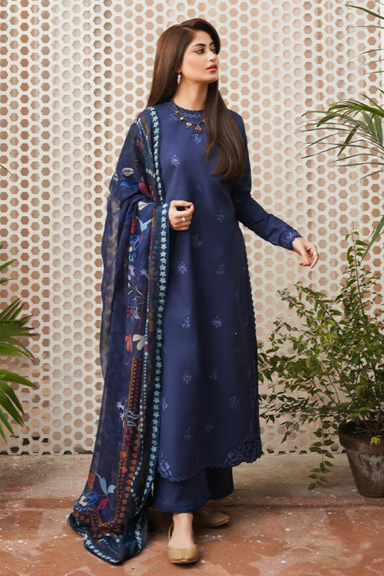 COCO By Zara Shahjahan Navy Dhanak Embroidered 3PC - Image 3
