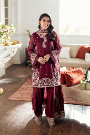 ANEELA'S Maroon Heavy Embroidered Dhanak Suit 3PC
