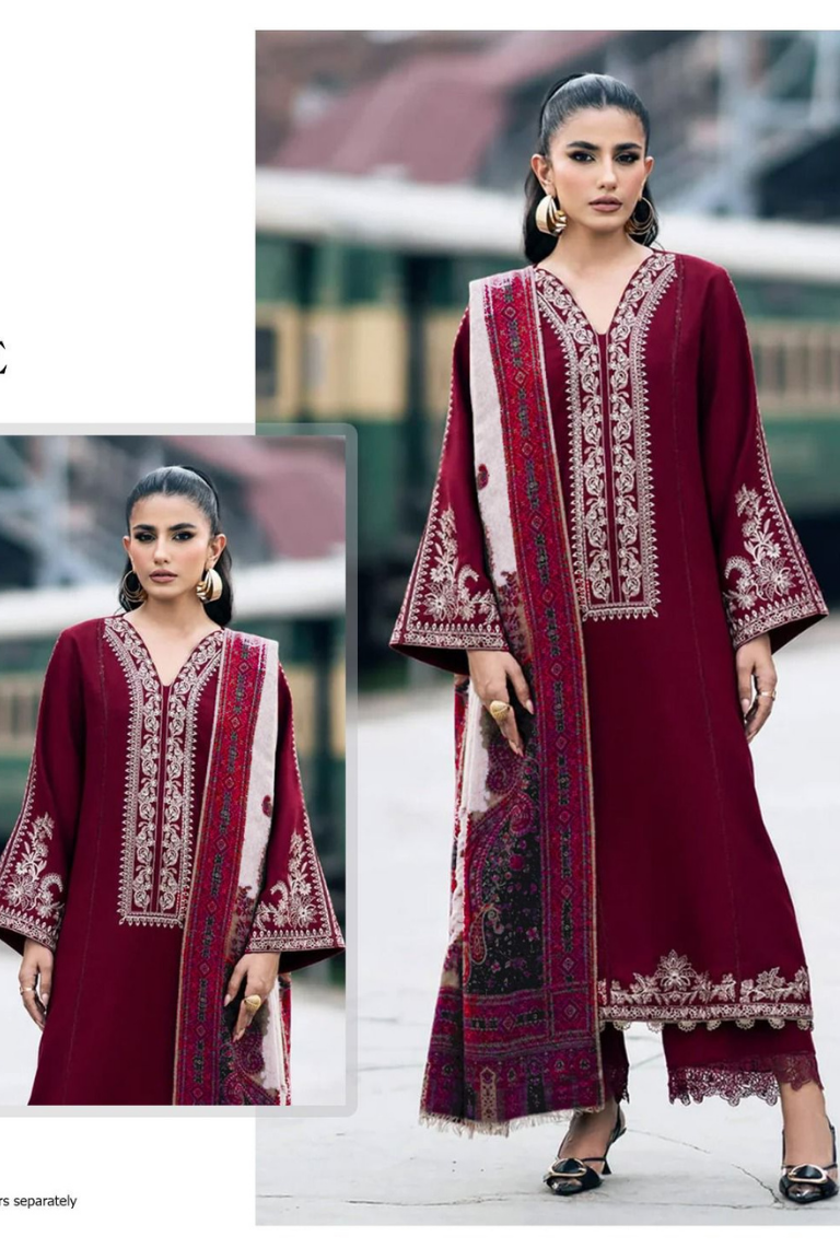 Sapphire Maroon Heavy Embroidered Dhanak 3PC Vol'25 - Image 2