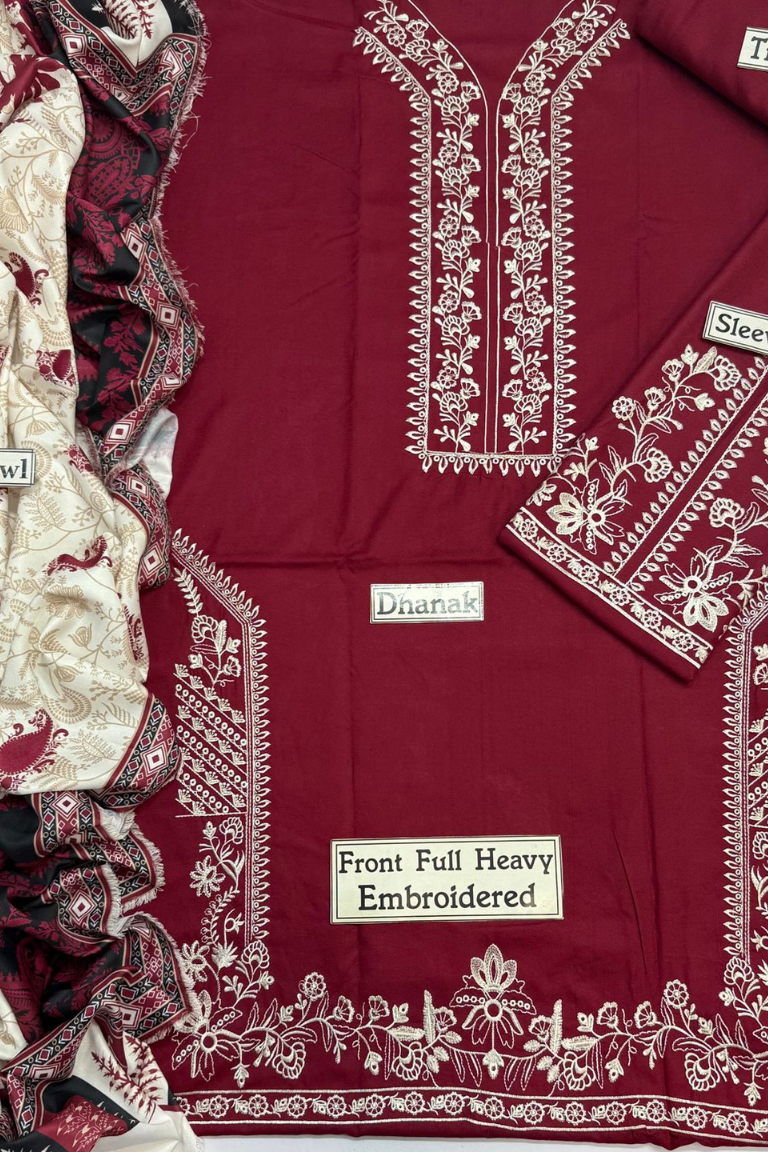 Sapphire Maroon Heavy Embroidered Dhanak 3PC Vol'25 - Image 3