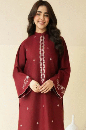 Elegant Maroon Minimal Embroidered Winter 2PC