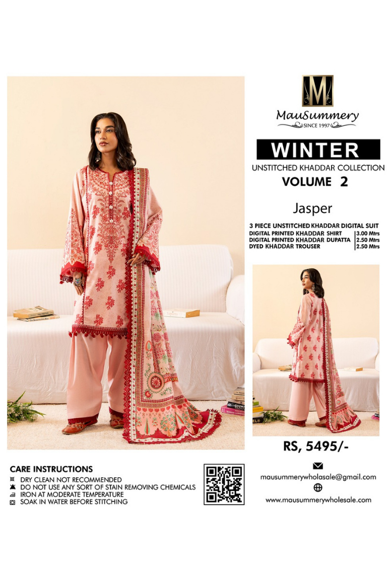 Blush Pink & Red Embroidered Winter Suit 3PC - Image 2