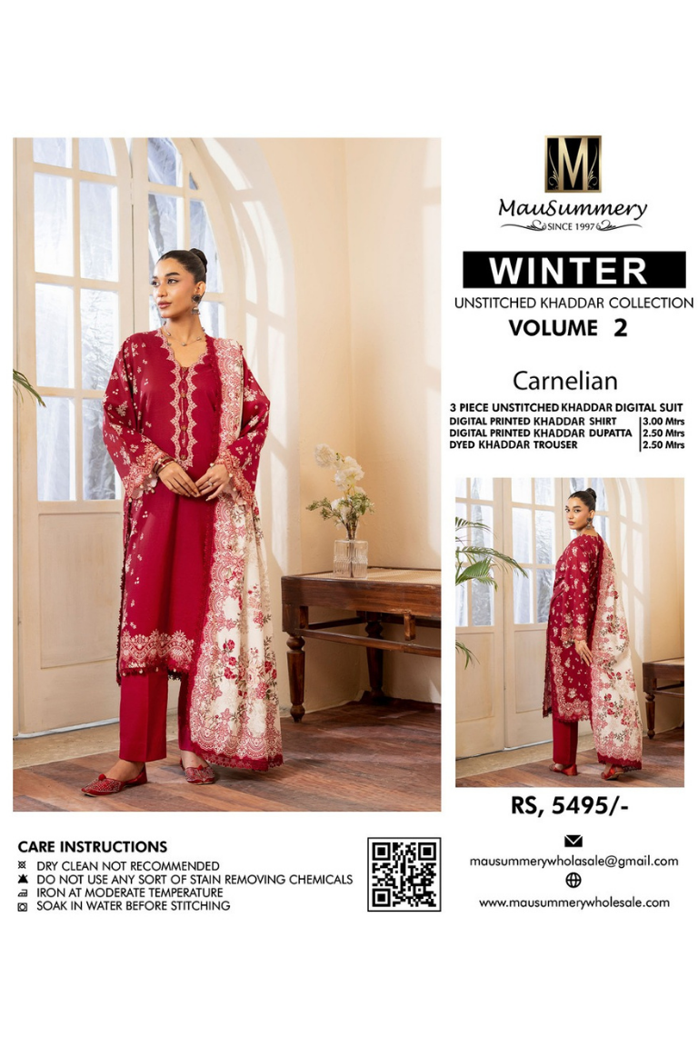 Deep Magenta Cutwork Embroidered Winter Suit 3PC - Image 2