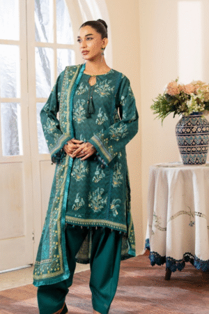 Peacock Teal Floral Printed Winter Suit 3PC