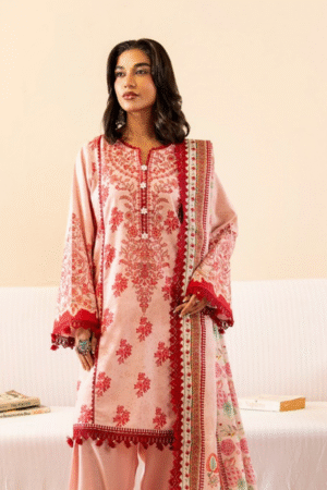 Blush Pink & Red Embroidered Winter Suit 3PC