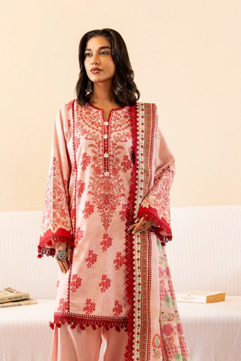 Blush Pink & Red Embroidered Winter Suit 3PC