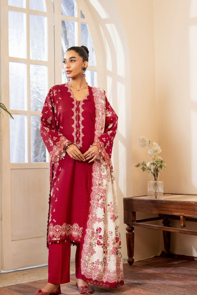 Deep Magenta Cutwork Embroidered Winter Suit 3PC