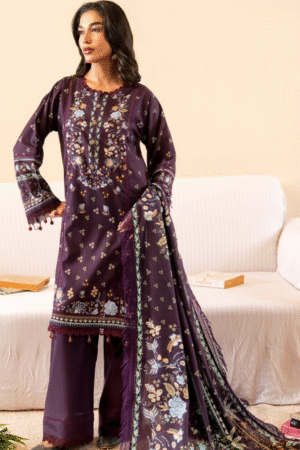 Deep Plum Floral Printed Winter Suit 3PC