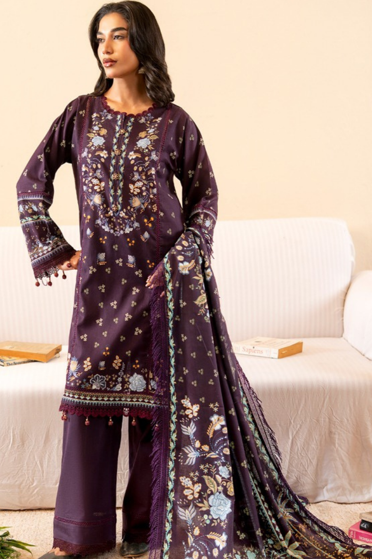 Deep Plum Floral Printed Winter Suit 3PC