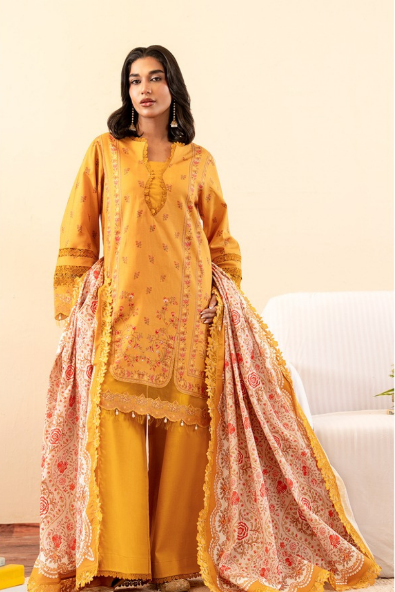 Vibrant Mustard Yellow Printed Winter Suit 3PC