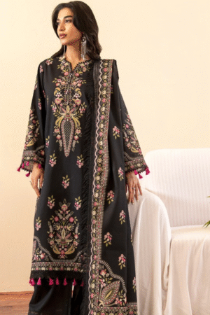 Black Multi-Color Floral Embroidered Winter Suit 3PC