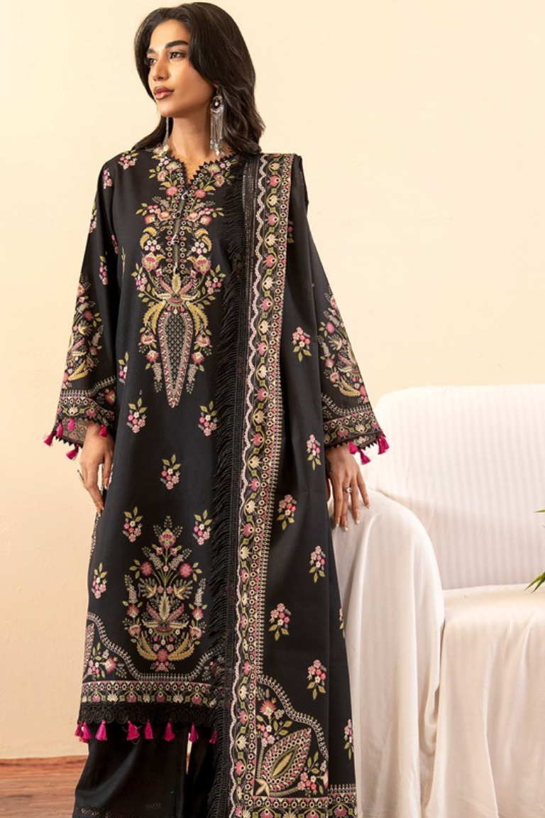 Black Multi-Color Floral Embroidered Winter Suit 3PC