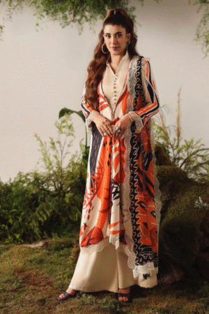Chic Cream & Orange Abstract Printed Winter Suit 3PC