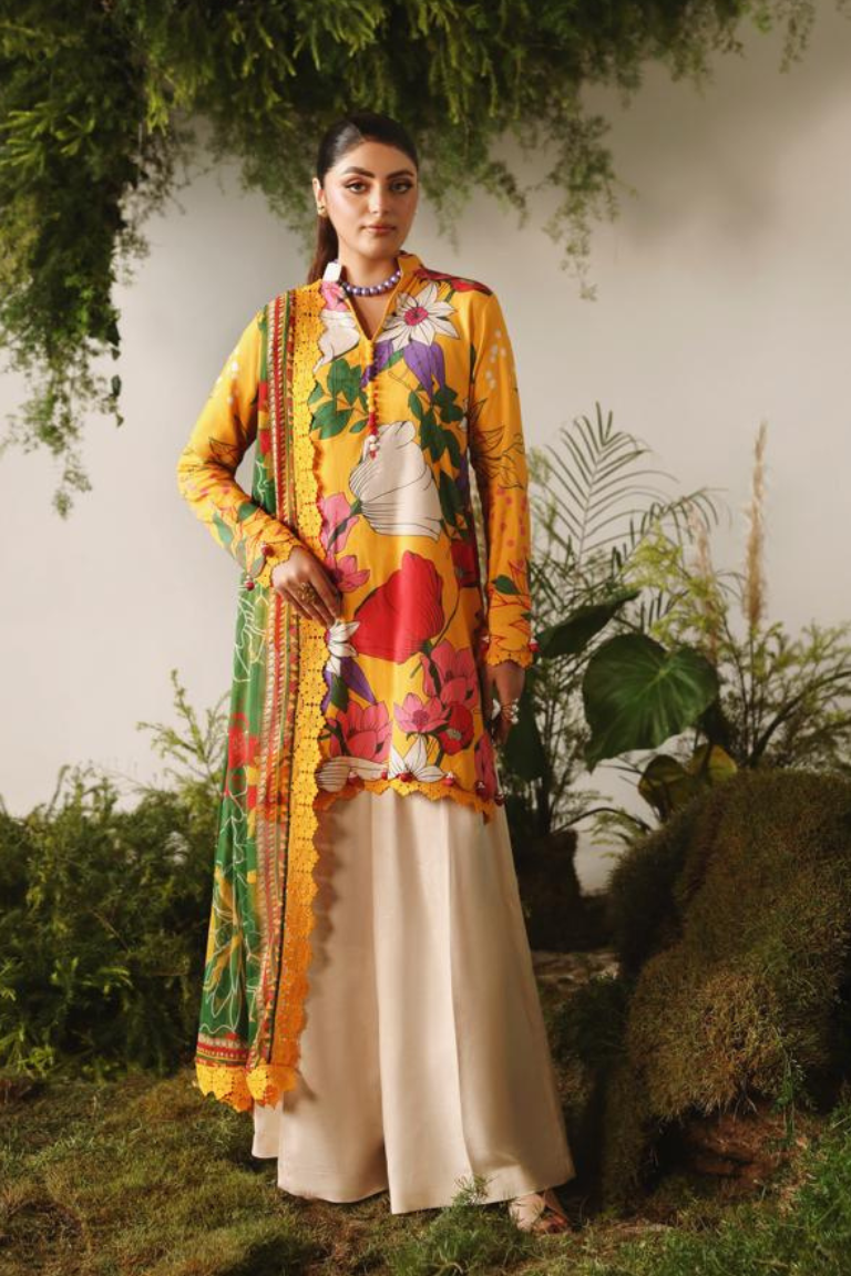 Vibrant Mustard Floral Printed Winter Suit 3PC