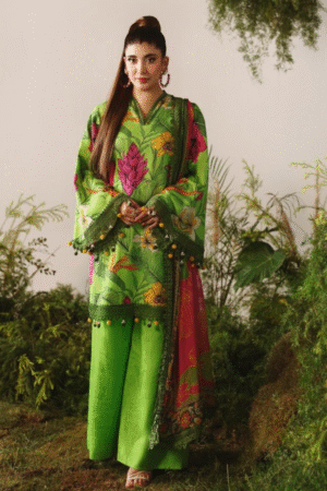 Vibrant Neon Green Floral Printed Winter Suit 3PC