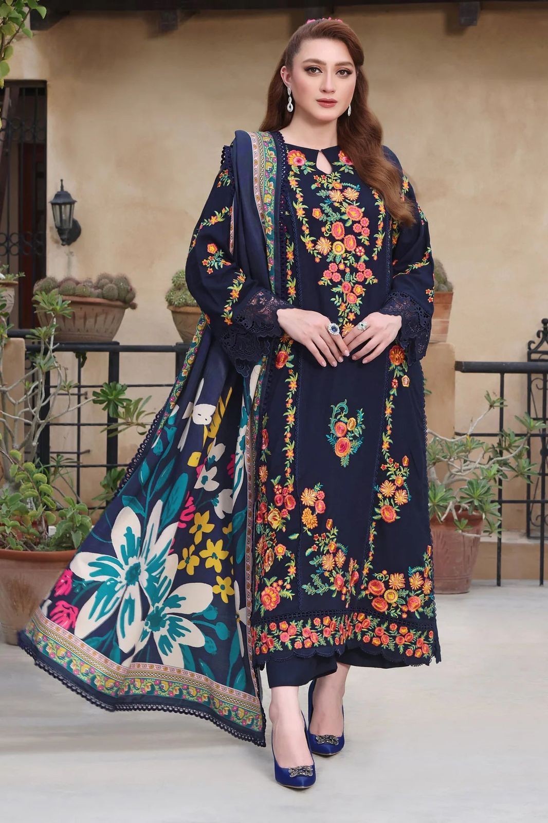 Navy Blue Heavy Floral Embroidered Winter Suit 3PC