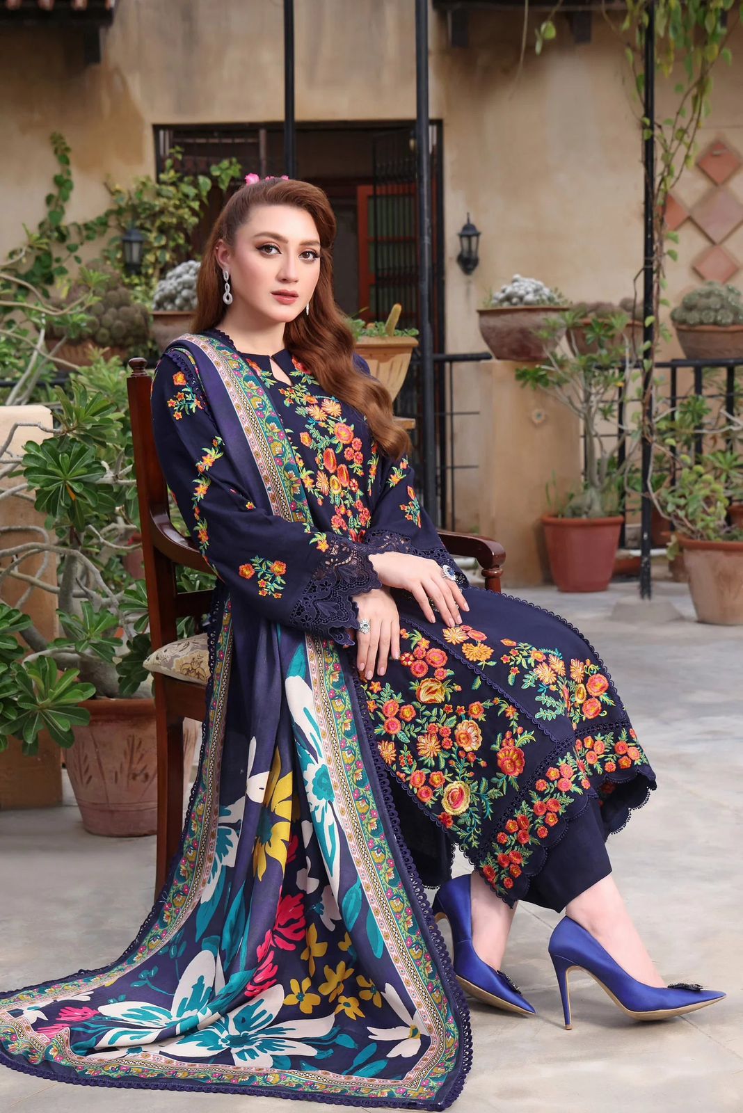 Navy Blue Heavy Floral Embroidered Winter Suit 3PC - Image 2