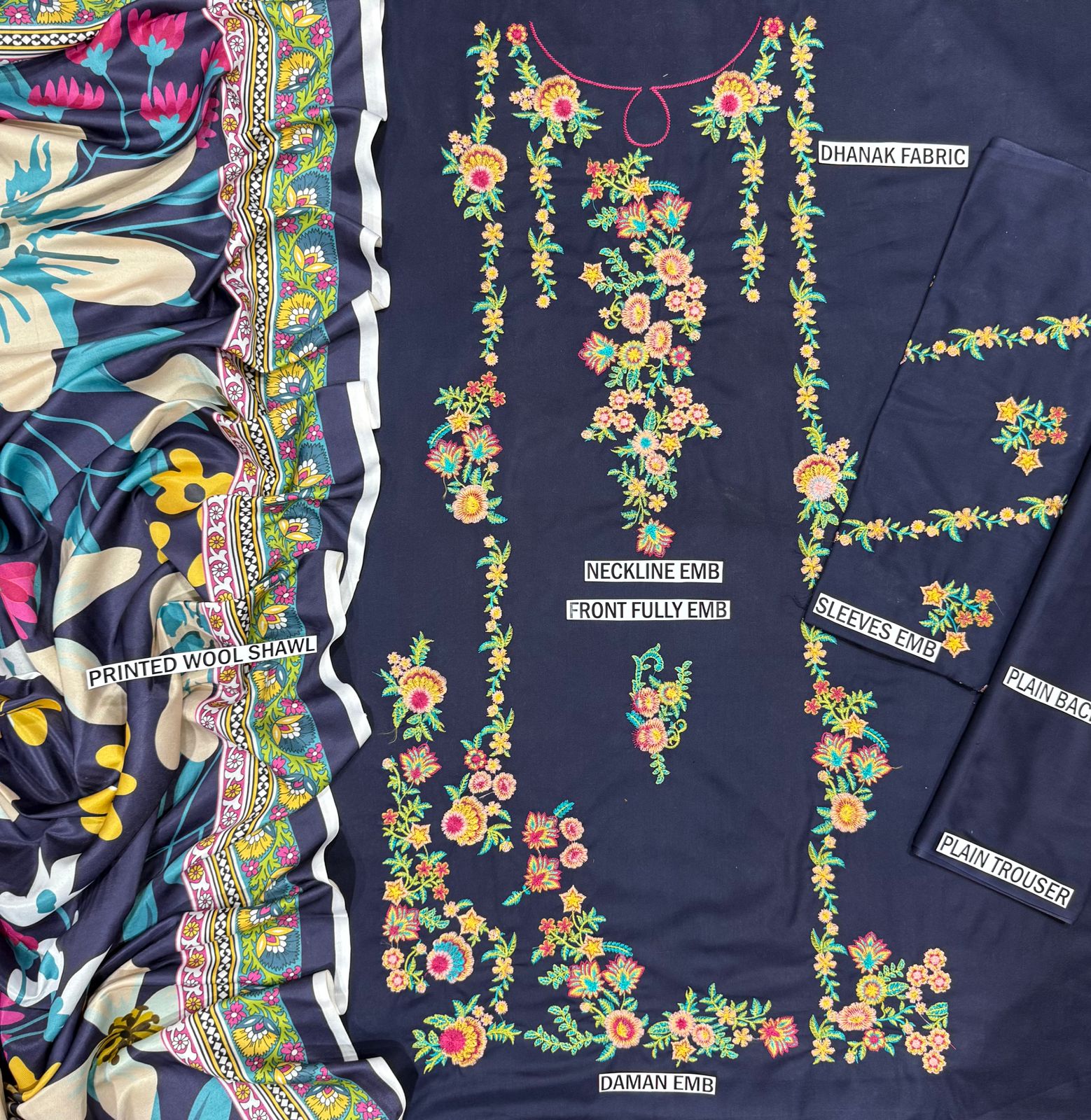 Navy Blue Heavy Floral Embroidered Winter Suit 3PC - Image 3