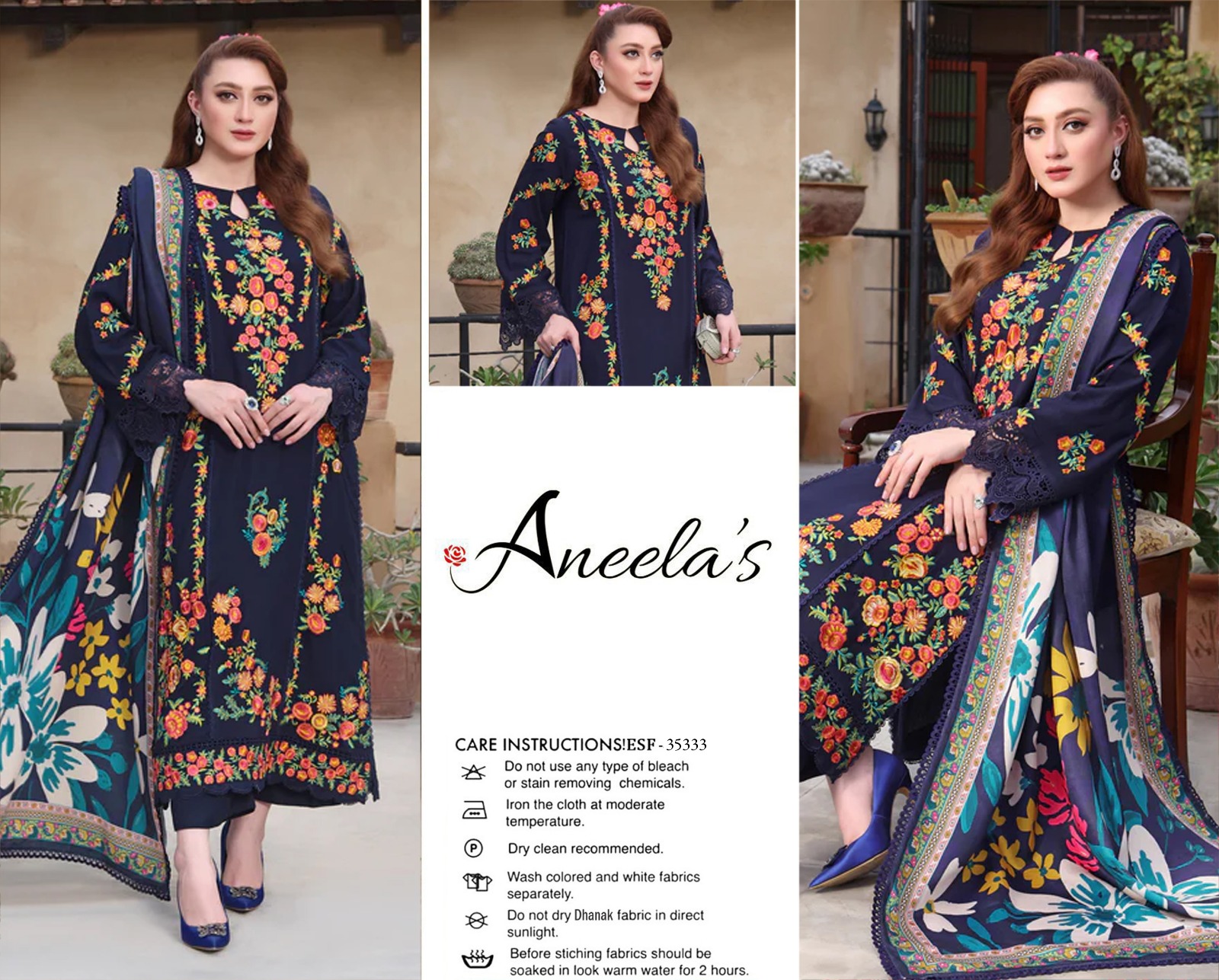 Navy Blue Heavy Floral Embroidered Winter Suit 3PC - Image 4