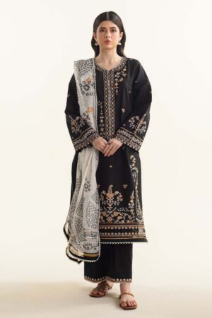 black traditional outfit with golden and white embroidery