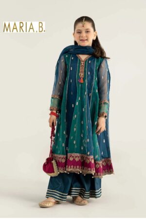 Girls Teal & Magenta Embroidered Festive 3-Piece Suit