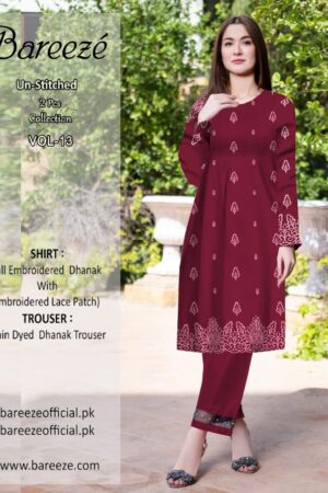 Graceful Maroon Embroidered Dhanak 2-Piece Suit