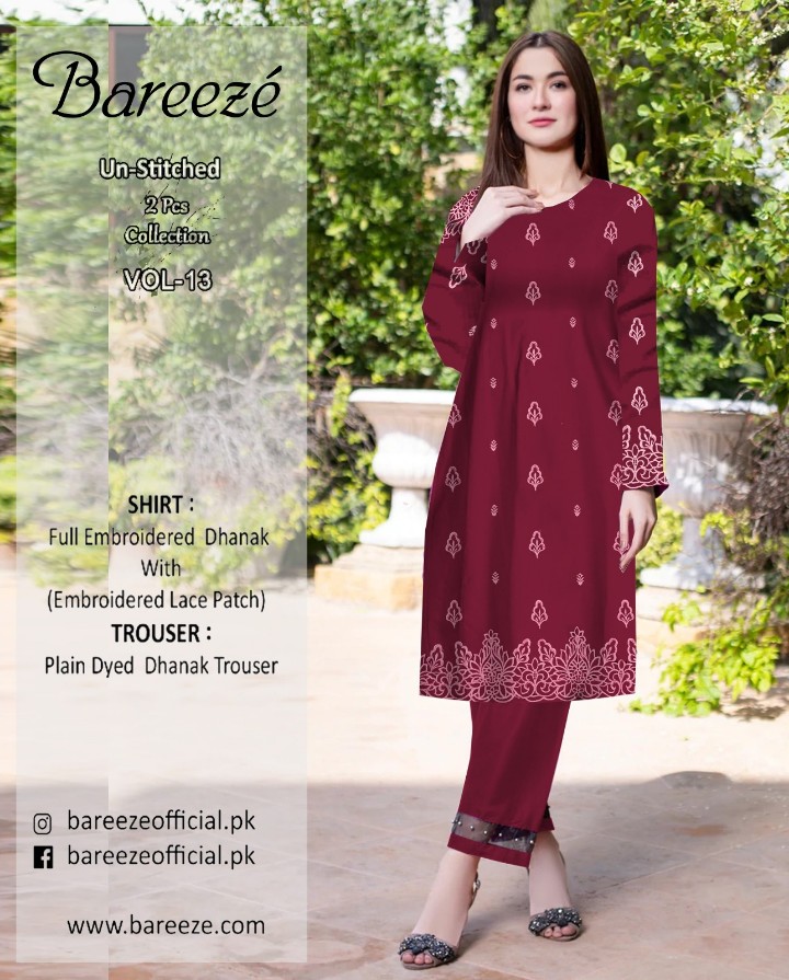 Graceful Maroon Embroidered Dhanak 2-Piece Suit