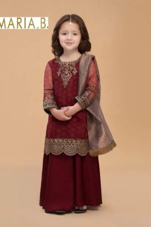 Kids Maroon Embroidered Festive 3-Piece Dress